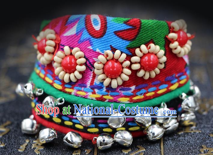 Traditional Chinese Miao Nationality Jewelry Accessories Bracelet, Hmong Embroidery Bells Bracelet for Women