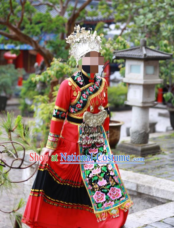 Traditional Chinese Miao Nationality Dancing Costume, Hmong Female Folk Dance Ethnic Pleated Skirt, Chinese Minority Nationality Embroidery Costume for Women