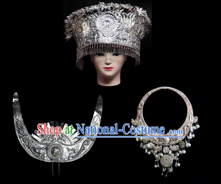 Traditional Chinese Miao Nationality Sliver Jewelry Accessories Necklace, Tujiazu Ethnic Accessories Headwear, Chinese Minority Tujia Nationality Hat Crown Set for Women