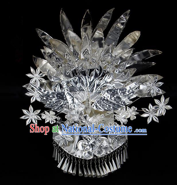 Traditional Chinese Miao Nationality Sliver Jewelry Accessories Phoenix Silver Headwear, Hmong Ethnic Hair Accessories, Chinese Minority Miao Nationality Hat Crown for Women