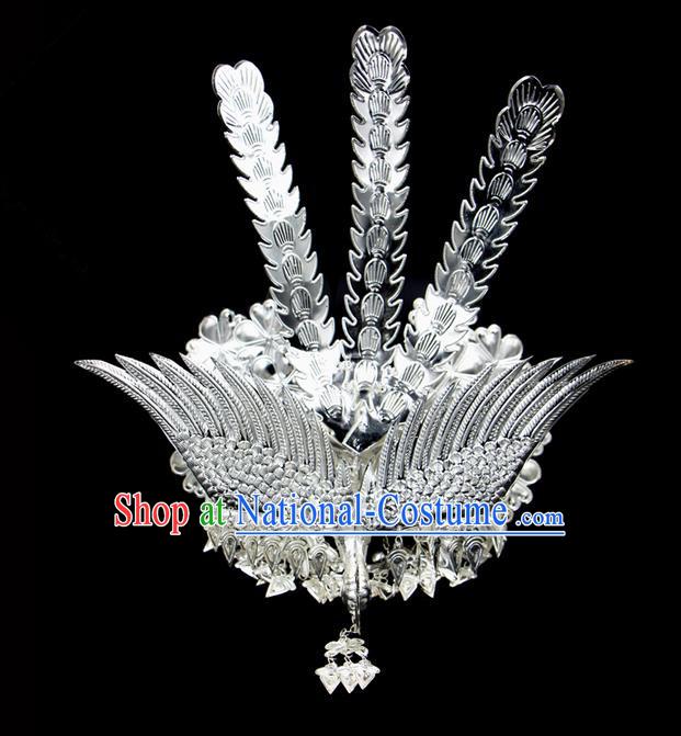 Traditional Chinese Miao Nationality Sliver Jewelry Accessories, Silver Phoenix Headwear, Hmong Ethnic Hair Accessories, Chinese Minority Miao Nationality Hat Crown for Women