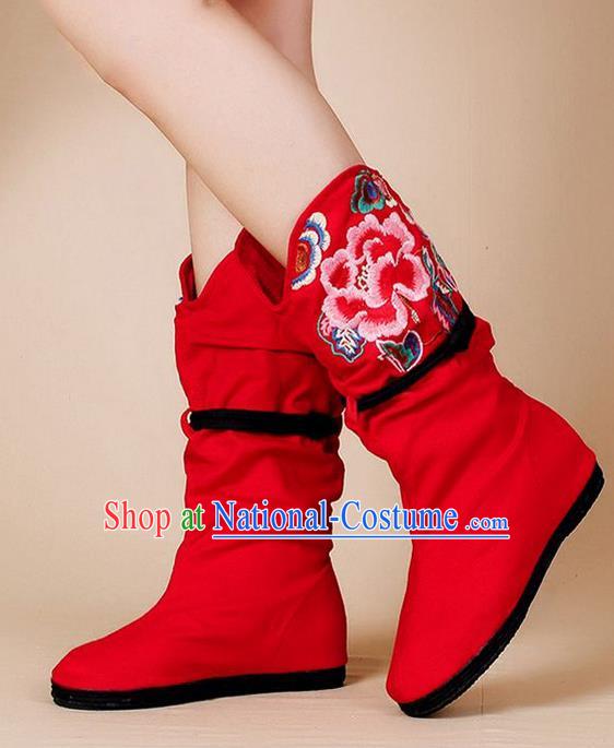 Traditional Chinese Folk Dance Shoes, China Female Embroidered Shoes, Chinese Minority Nationality Embroidery Ankle Boots for Women