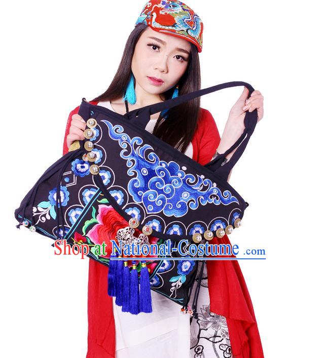 Traditional Chinese Miao Nationality Jewelry Accessories Bags, Hmong Ethnic Accessories Embroidery Shoulder Handbags for Women