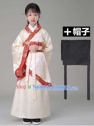 Traditional Chinese Dress Girls Han Fu Han Dynasty Clothes RuQun Children Kid Stage Show Ceremonial Costumes Beige