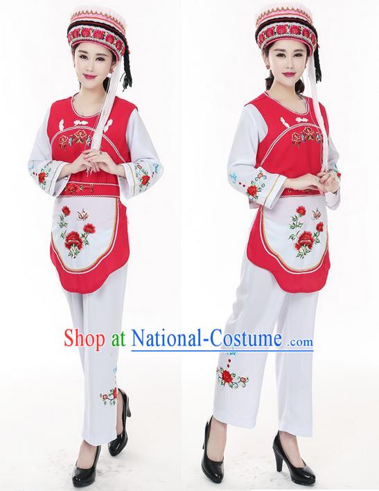 Traditional Chinese Bai Nationality Dancing Costume, Baizu Female Folk Dance Ethnic Dress, Chinese Minority Nationality Embroidery Costume for Women