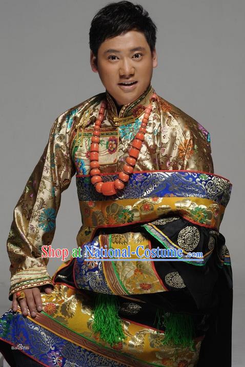 Traditional Chinese Zang Nationality Dancing Costume, Tibetan Male Folk Dance Ethnic Dress, Chinese Minority Tibetan Nationality Embroidery Costume for Men