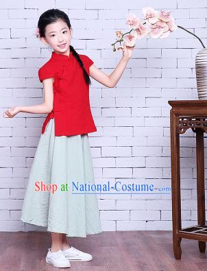 Girl Dress Min Guo Fan Fu Style Chinese Traditional Stage Costume Show Clothes Short Sleeves Red Top Green Skirt