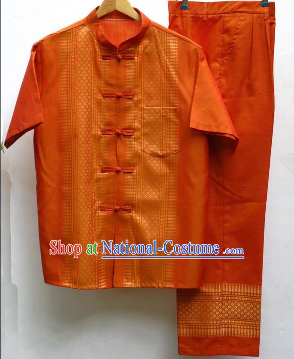 Traditional Asian Thai Male Costume Set, High-Grade Thai Silk Clothes and Trousers for Men