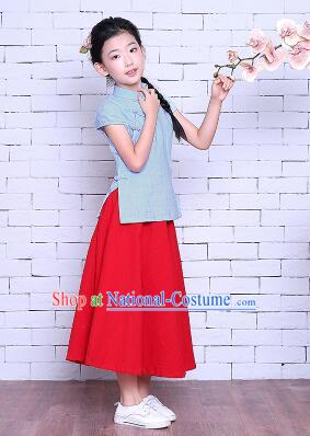 Girl Dress Min Guo Fan Fu Style Chinese Traditional Stage Costume Show Clothes Short Sleeves Blue Top Red Skirt