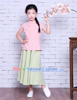 Girl Dress Min Guo Fan Fu Style Chinese Traditional Stage Costume Show Clothes Short Sleeves Pink Top Green Skirt