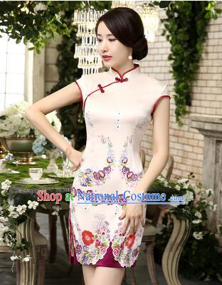 One Piece Dress Qi Pao Cheongsam Styel Short Sleeves Chinese Traditional Clothes Summer