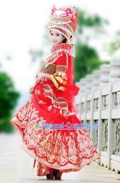 Traditional Chinese Miao Nationality Improved Wedding Costume, Hmong Luxury Female Folk Dance Ethnic Bride Pleated Long Skirt, Chinese Minority Nationality Embroidery Costume for Women