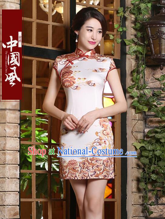 One Piece Dress Qi Pao Cheongsam Styel Short Sleeves Chinese Traditional Clothes Summer