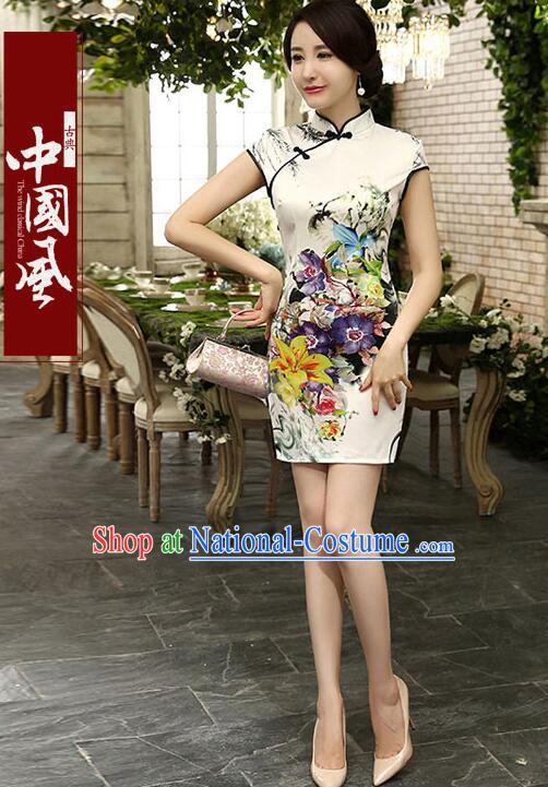 One Piece Dress Qi Pao Cheongsam Styel Short Sleeves Chinese Traditional Clothes Summer