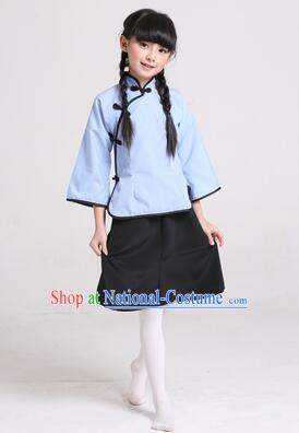 Chinese Traditional Clothes for Children Girl Wu Si Period Student Youth Day Stage Costume Blue