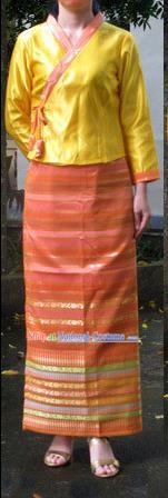 Traditional Asian Thai Costume Complete Set, Thai Waitress Silk Fabrics Suit for Women