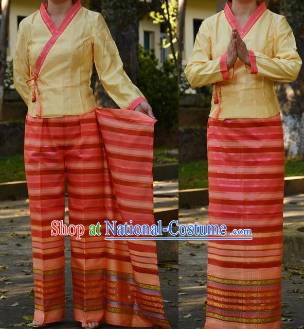 Traditional Asian Thai Costume Complete Set, Thai Waitress High Grade Silk Fabrics Shawl Suit for Women