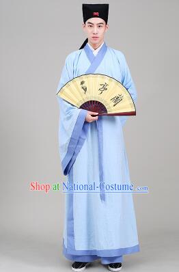 Tang Suit Chinese Traditional Costume Han Fu Garments straight-front Myeonbok Stage Show Dress Blue