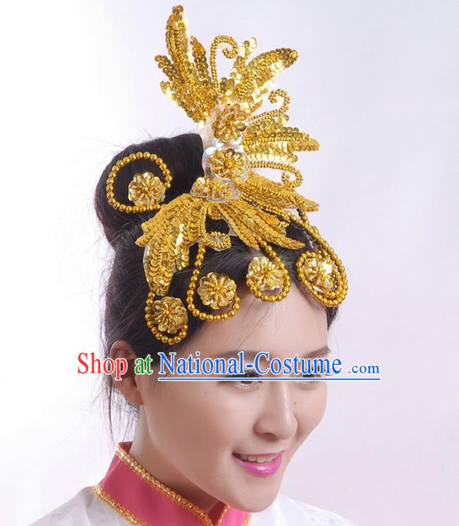 Traditional Chinese Yangge Hair Accessories, Fan Dancing Headwear, Folk Dance Yangko Headdress, China National Minority Dancing Stage Accessories