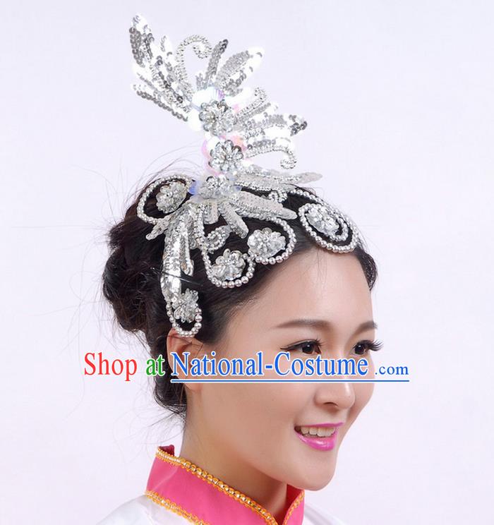 Traditional Chinese Yangge Hair Accessories, Fan Dancing Headwear, Folk Dance Yangko Headdress, China National Minority Dancing Stage Accessories