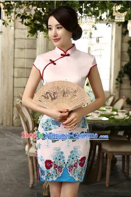 One Piece Dress Qi Pao Cheongsam Styel Short Sleeves Chinese Traditional Clothes Summer