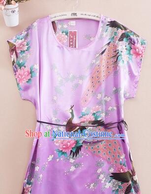 Night Suit for Women Night Gown Bedgown Leisure Wear Home Clothes Chinese Traditional Style Peacock Light Purple