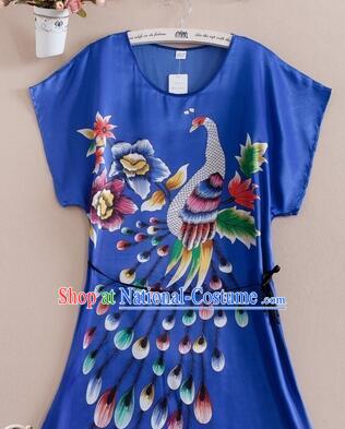 Night Suit for Women Night Gown Bedgown Leisure Wear Home Clothes Chinese Traditional Style Large Peacock Blue