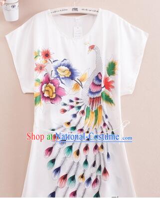 Night Suit for Women Night Gown Bedgown Leisure Wear Home Clothes Chinese Traditional Style Large Peacock White