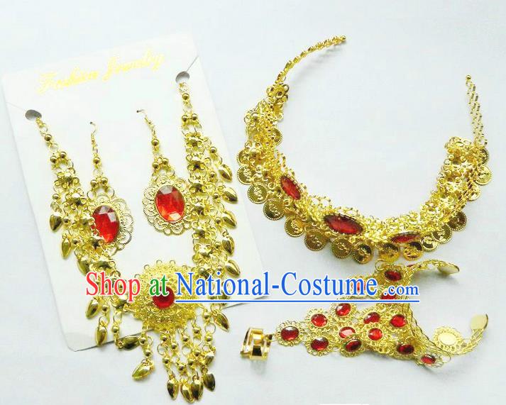 Traditional India Hair Accessories Set, Indian Headwear Necklace, Earrings, Traditional Belly Dance Headdress Bracelets, Stage Accessories