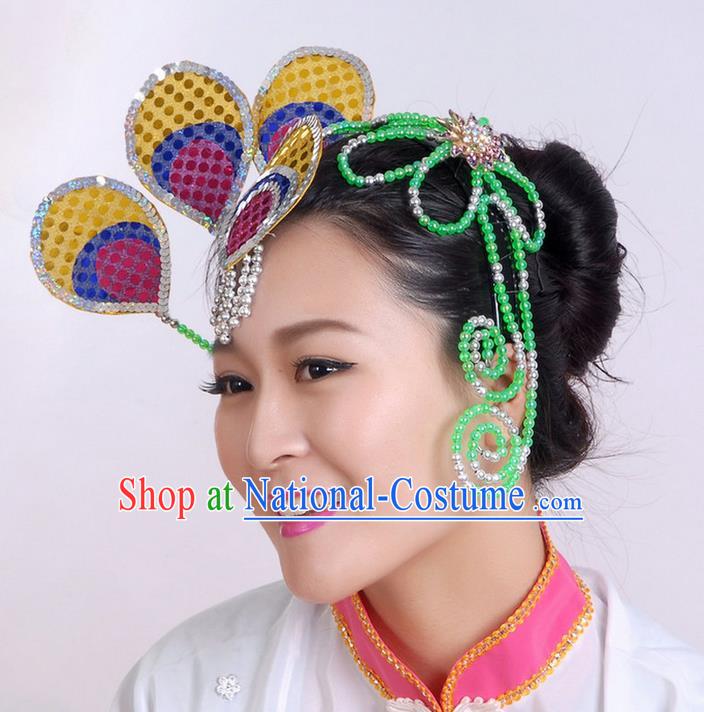 Traditional Chinese Yangge Hair Accessories, Fan Dancing Headwear, Folk Dance Yangko Peacock Dance Headdress, Stage Accessories