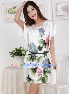 Night Gown Women Sexy Skirt Night Suit Nighty Bedgown Peony White