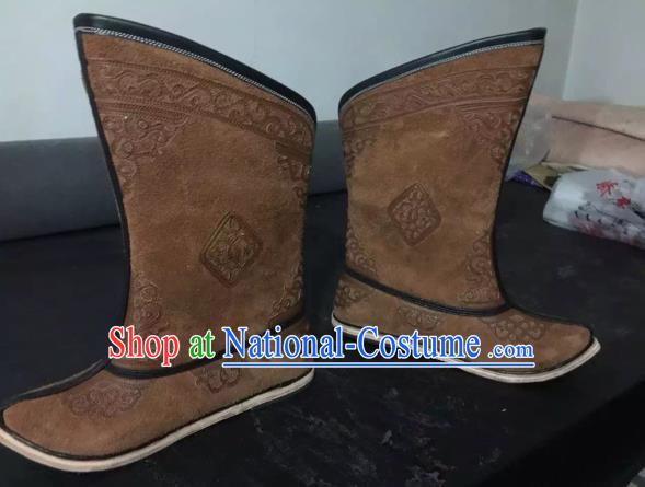 Traditional Chinese Minority Mongol Nationality Ethnic Minorities Mongolian Dance Cowhide Boots Mongolian Knee Embroidery Boots Jockey Boots Tanks Boots for Men