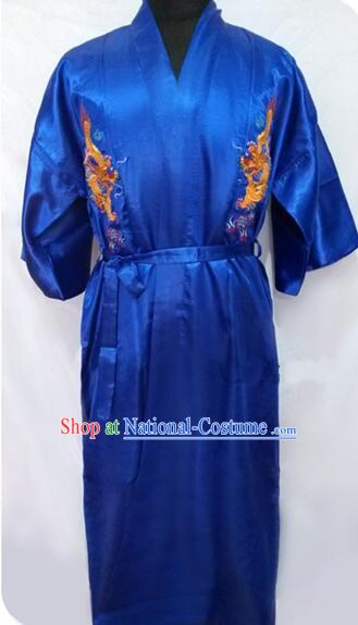 New Style Kimono Dragon Embroidered Chinese Loong Dragon Men Night Gown Leisure Clothes for Emperors Blue