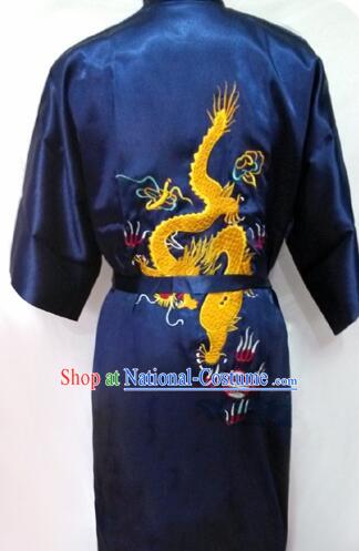 New Style Kimono Dragon Embroidered Chinese Loong Dragon Men Night Gown Leisure Clothes for Emperors Dark Blue