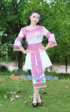 Traditional Chinese Miao Nationality Costume, Hmong Luxury Improved Female Folk Dance Ethnic Short Skirt, Chinese Minority Nationality Embroidery Costume for Women