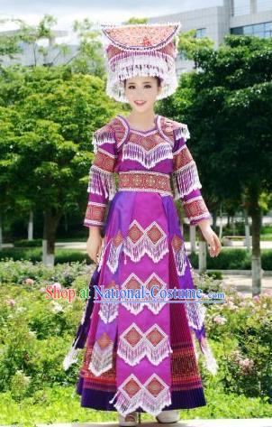 Traditional Chinese Miao Nationality Wedding Costume Set, Hmong Luxury Improved Bride Folk Dance Ethnic Long Skirt, Chinese Minority Nationality Embroidery Costume for Women