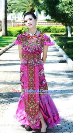 Traditional Chinese Miao Nationality Wedding Costume Set, Hmong Luxury Improved Bride Folk Dance Ethnic Long Skirt, Chinese Minority Nationality Embroidery Costume for Women