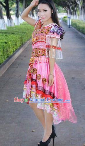 Traditional Chinese Miao Nationality Costume Set, Hmong Luxury Improved Bride Folk Dance Ethnic Short Skirt, Chinese Minority Nationality Embroidery Costume for Women