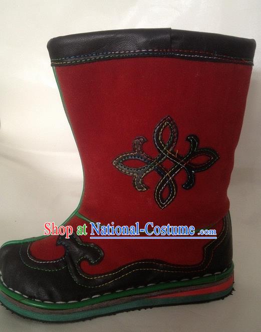 Traditional Chinese Minority Mongol Nationality Ethnic Minorities Mongolian Dance Cowhide Boots Mongolian Children Knee Embroidery Boots Jockey Boots Tanks Boots for Kids