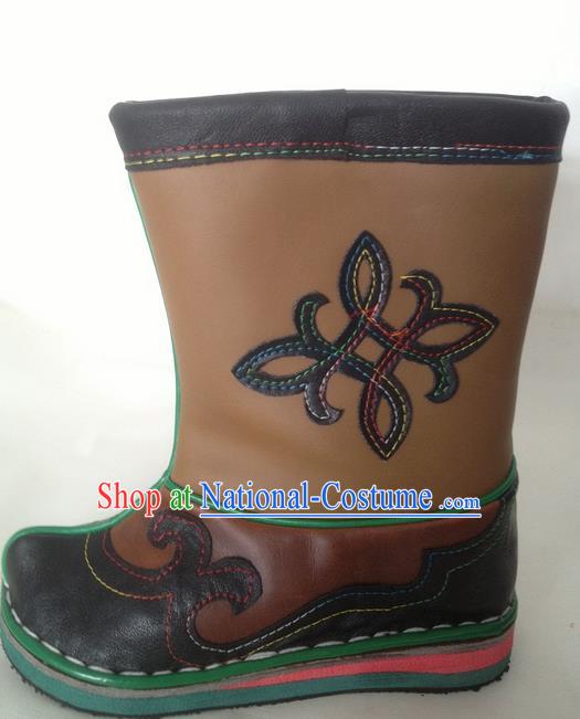 Traditional Chinese Minority Mongol Nationality Ethnic Minorities Mongolian Dance Cowhide Boots Mongolian Children Knee Embroidery Boots Jockey Boots Tanks Boots for Kids