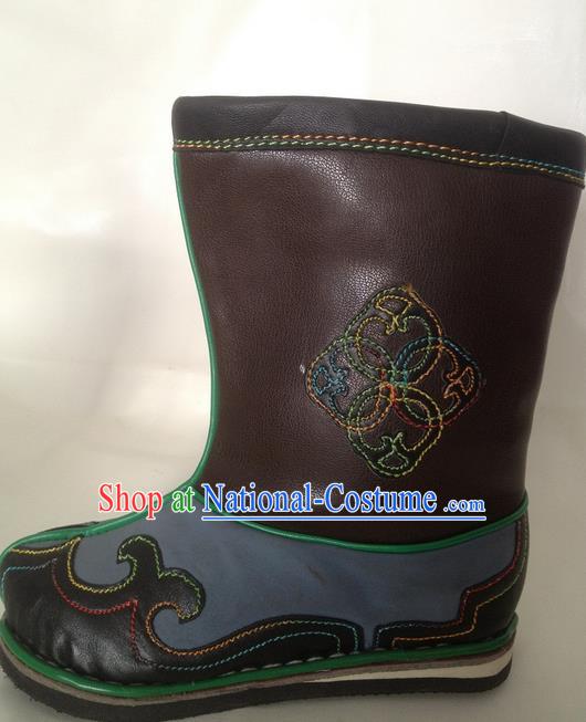 Traditional Chinese Minority Mongol Nationality Ethnic Minorities Mongolian Dance Cowhide Boots Mongolian Children Knee Embroidery Boots Jockey Boots Tanks Boots for Kids