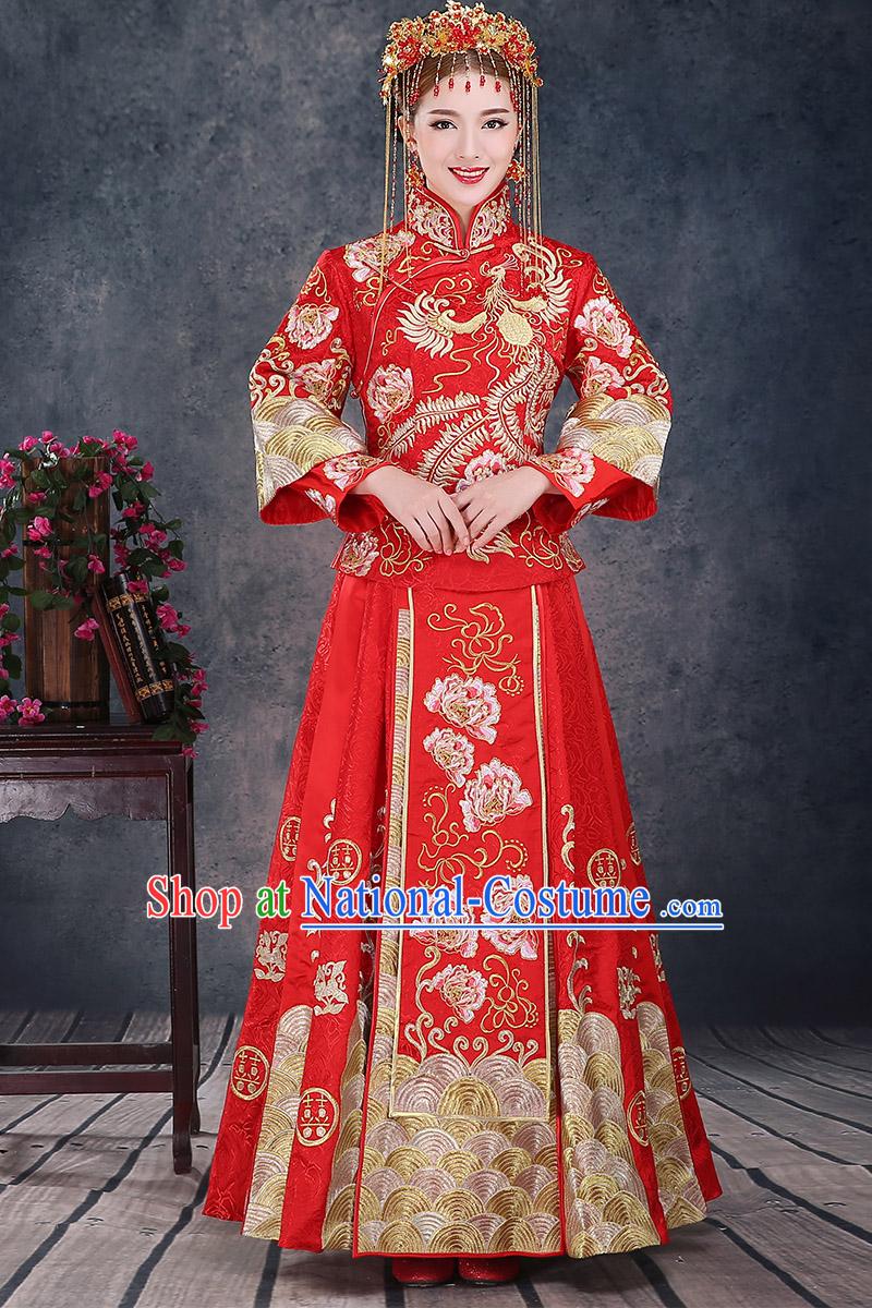 Ancient Chinese Costume, Chinese Style Wedding Dress, Red Ancient Dragon And Phoenix Flown, Bride Toast Clothing For Women