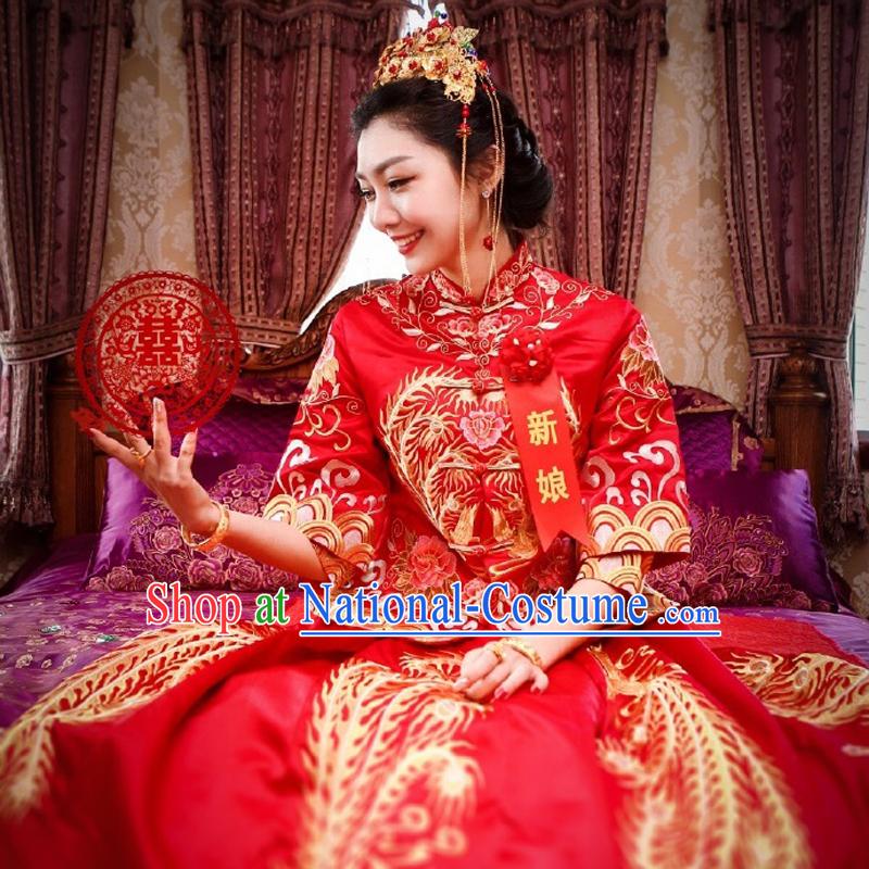 Ancient Chinese Costume, Chinese Style Wedding Dress, Red Ancient Dragon And Phoenix Flown, Bride Toast Clothing For Women