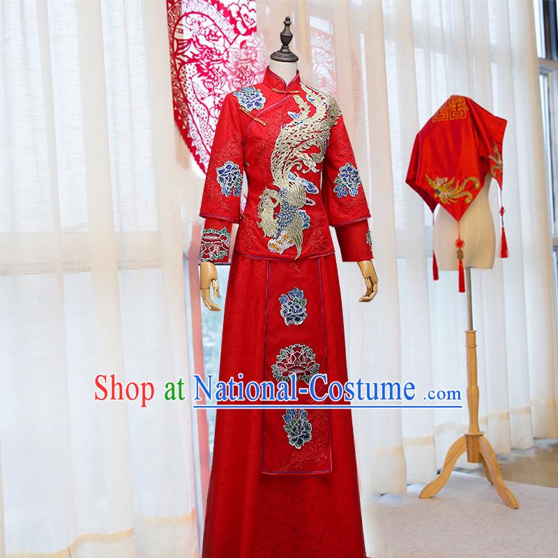 Ancient Chinese Costume Xiuhe Suits Chinese Style Wedding Dress Red Ancient Retro Embroidery Longfeng Dragon And Phoenix Flown Bride Toast Cheongsam For Women