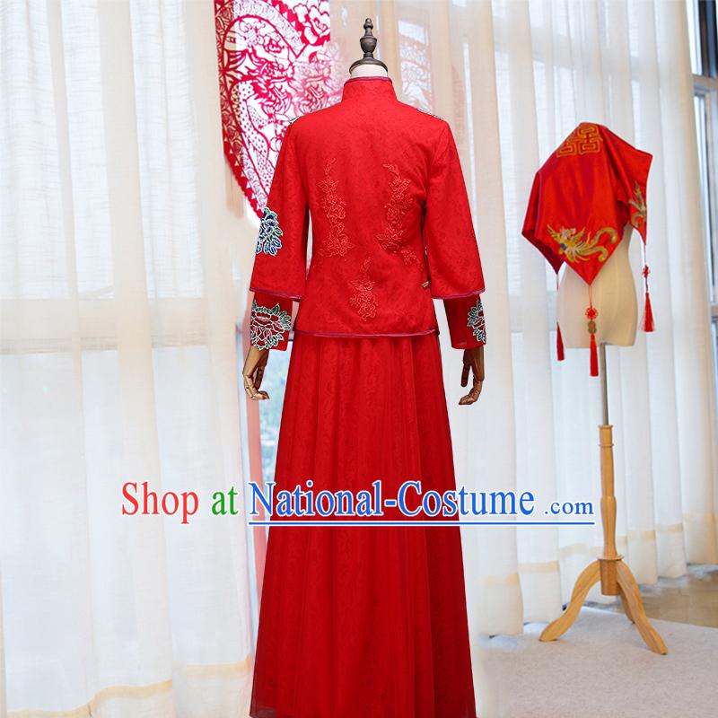 Ancient Chinese Costume Xiuhe Suits Chinese Style Wedding Dress Red Ancient Retro Embroidery Longfeng Dragon And Phoenix Flown Bride Toast Cheongsam For Women