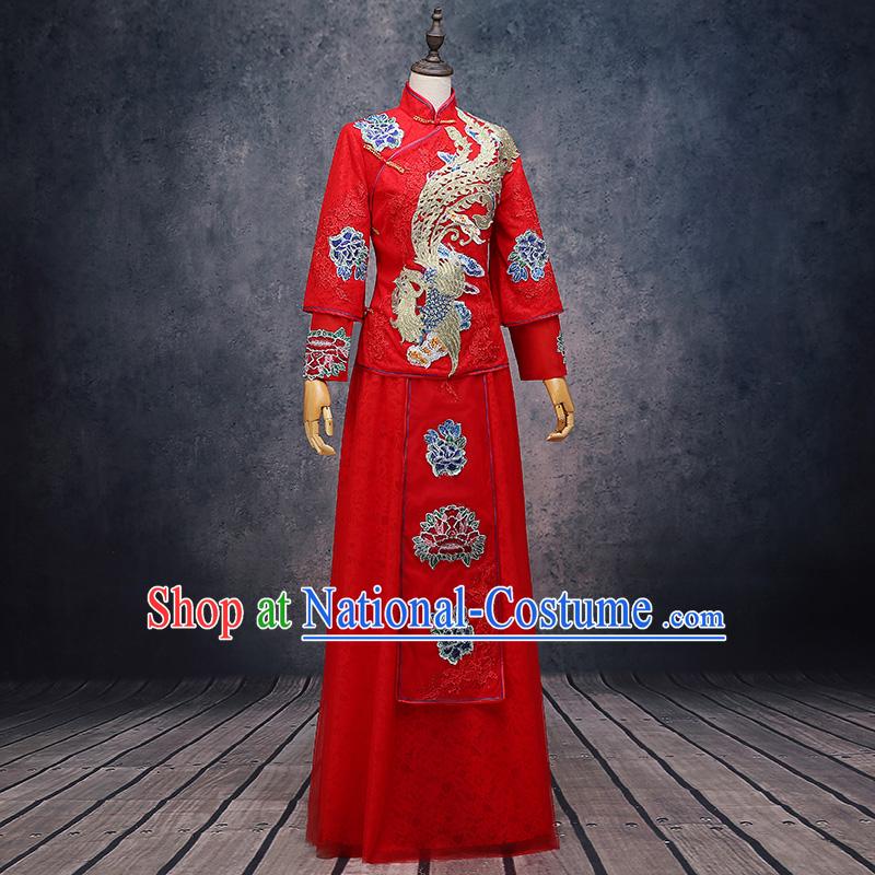 Ancient Chinese Costume Xiuhe Suits Chinese Style Wedding Dress Red Ancient Retro Embroidery Longfeng Dragon And Phoenix Flown Bride Toast Cheongsam For Women