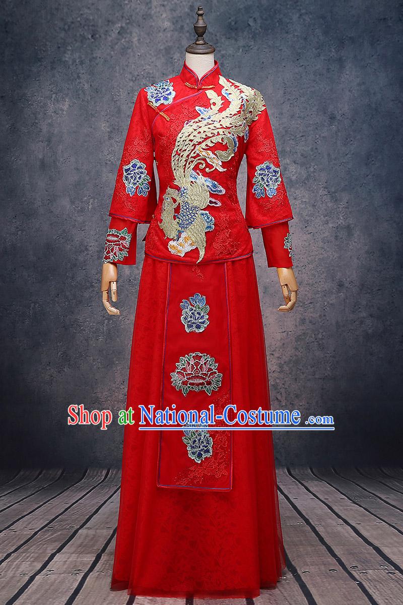 Ancient Chinese Costume Xiuhe Suits Chinese Style Wedding Dress Red Ancient Retro Embroidery Longfeng Dragon And Phoenix Flown Bride Toast Cheongsam For Women