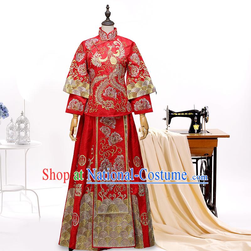 Ancient Chinese Costume, Chinese Style Wedding Dress, Red Ancient Dragon And Phoenix Flown, Bride Toast Clothing For Women