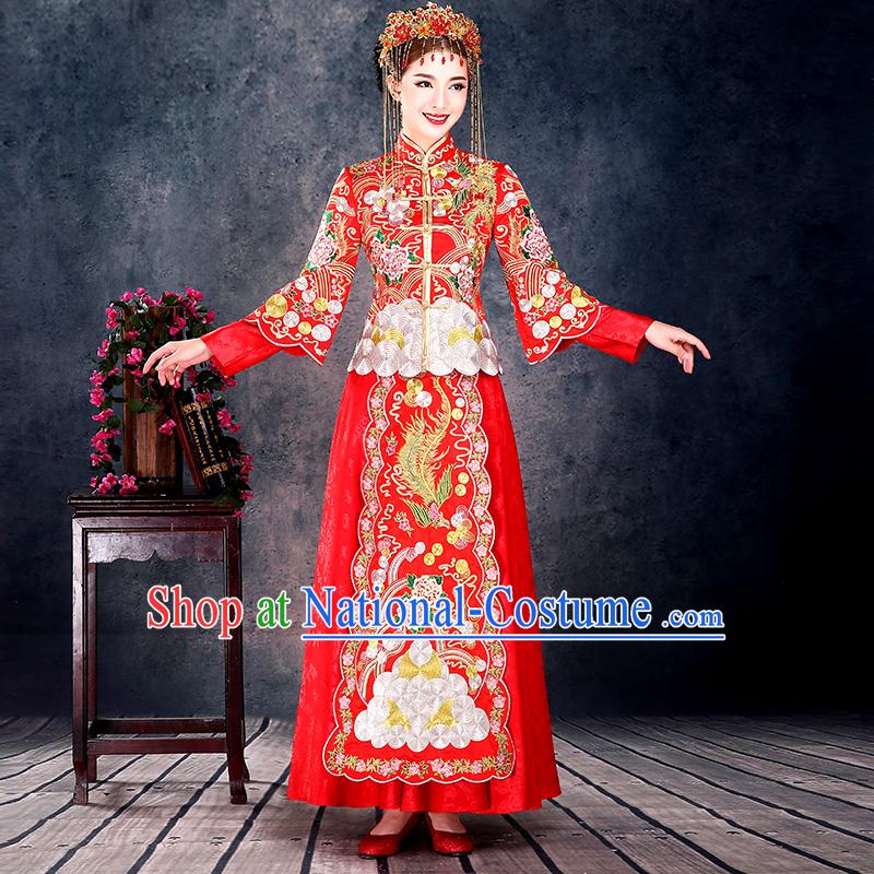 Ancient Chinese Costume, Chinese Style Wedding Dress, Red Ancient Dragon And Phoenix Flown, Bride Toast Clothing For Women