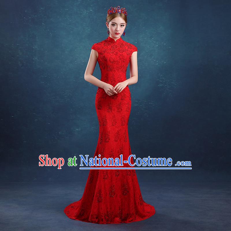 Ancient Chinese Bride Toast Clothing Cheongsam, Red Long Fishtail Wedding Dress, Traditional Female Chinese Style Bottom Drawer For Women